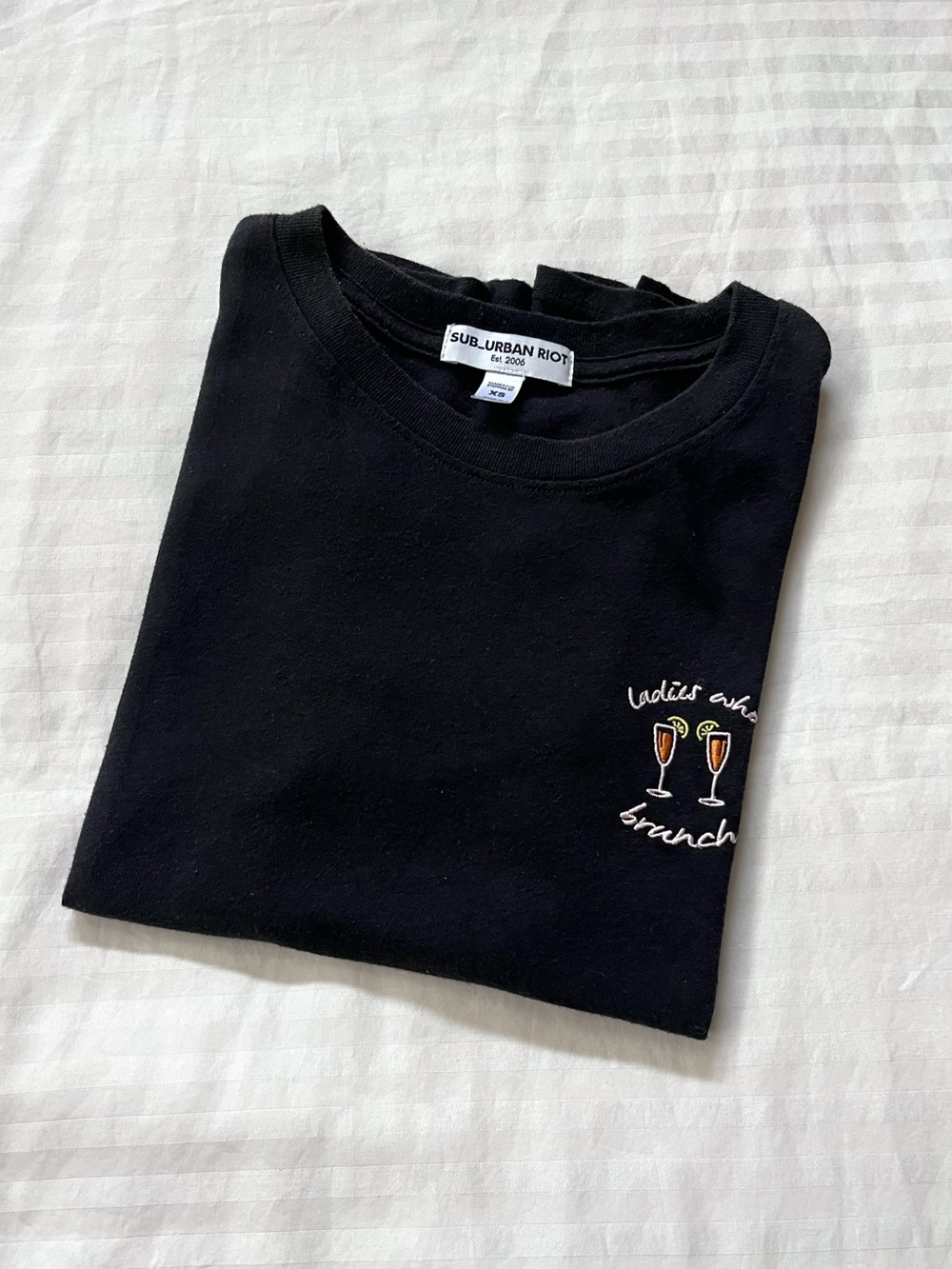 ‘Ladies Who Brunch’ Embroidered Cocktail Crewneck T-Shirt | Suburban Riot, XS
